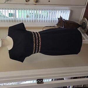 Donna Morgan Petite black short sleeve dress animal leopard trim waist 10P EUC …